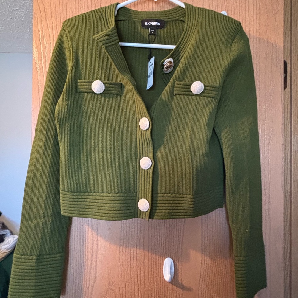 Express Green Cardigan with Gold Buttons
